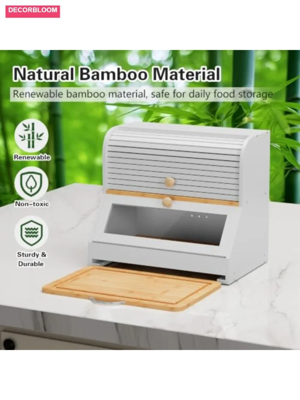 Roll Top Bamboo Bread Box with Cutting Board, Large Capacity 2 Tier